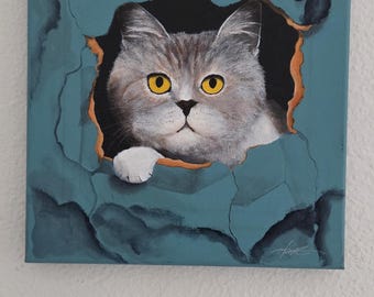 Original Hand Painted Cat and Butterfly Canvas – Whimsical Animal Art 10x10
