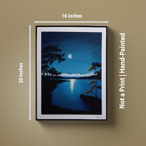 Pintura de Lago a la Luz de la Luna – Arte mural acrílico original de 40 x 50 cm – Paisaje de bosque nocturno – Lienzo sin marco – Decoración azul tranquilo