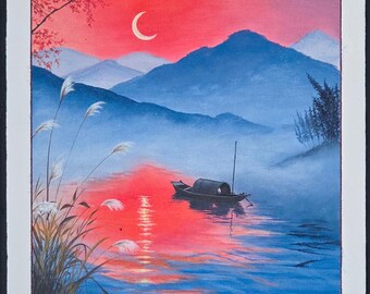 Asian Landscape Painting | Moonlight River, Serene Acrylic Art (14x14 in.)