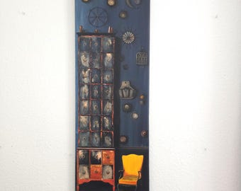 Original 30x20 Wall Art – Moody Cabinet & Yellow Chair Painting – Vintage-Inspired Acrylic Artwork – Bold Statement Decor – One of a Kind