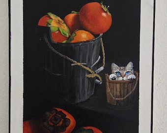 Original Persimmon Still Life Painting | 12x16 Acrylic Kitchen Wall Art, Rustic Farmhouse Canvas