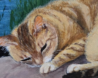 Original Acrylic Painting: Sleeping Orange Tabby Cat, Cozy Night Window Scene, 12x12 Inch