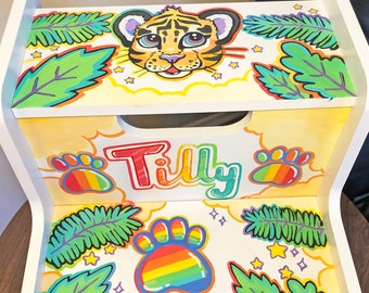 Forrest the tiger Lisa Frank inspired hand painted 2 Step child stepstool