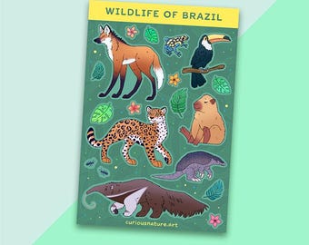 May include: A sticker sheet featuring illustrations of Brazilian wildlife. The sheet includes a maned wolf, jaguar, toucan, capybara, and anteater, along with other animals and foliage. The text "WILDLIFE OF BRAZIL" is at the top.