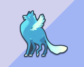 May include: A sticker featuring a stylized blue creature with wings and a long tail. The body is decorated with white star-like speckles, and the creature has a dark blue outline. The design uses shades of light blue, cyan, and white throughout.