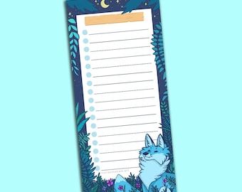 May include: A rectangular notepad featuring a vertical checklist with light blue circular bullet points. The border displays a dark blue night scene with foliage, a crescent moon, and a light blue fox at the bottom. The text curiousnature.art is visible.