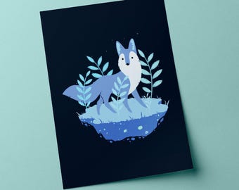 May include: A rectangular art print featuring a stylized light blue fox standing on a small, floating island of earth. The fox is surrounded by pale blue leafy plants against a solid dark navy blue background, creating a high-contrast illustration.