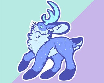 May include: A whimsical illustration of a deer-like creature in shades of blue and white. The creature has large antlers, a fluffy chest, and a starry pattern on its body. The background is split diagonally, with light blue and purple sections.