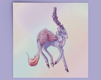 May include: A digital illustration of a mythical creature resembling a deer with four eyes, feathered wings, and a single long, segmented horn. The creature features a light purple body with pink feathers and a flowing tail, set against a soft gradient background.