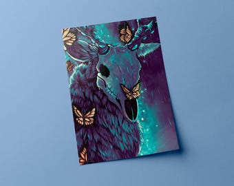 May include: An artistic print featuring a skull with antlers, adorned with butterflies. The artwork uses a color palette of teal, purple, and orange. The image has a fantasy theme and is set against a blue background.