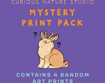 May include: A purple graphic featuring the text CURIOUS NATURE STUDIO, MYSTERY PRINT PACK, and CONTAINS 4 RANDOM ART PRINTS. A light orange jackalope illustration with two black question marks sits in the center of the purple background.