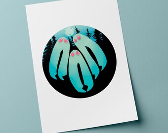 May include: A rectangular art print featuring a circular illustration of three light blue, ghost-like figures with pink eyes. The figures are set against a dark background with a silhouette of pine trees and a pale moon in the night sky.