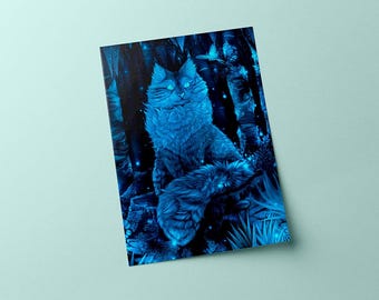 May include: A rectangular art print featuring a long-haired cat sitting in a dark forest setting. The entire scene is rendered in shades of vibrant blue, with glowing light effects illuminating the cat's fur, eyes, and the surrounding foliage.