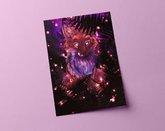 May include: A rectangular art print featuring a digital illustration of a fox with glowing white eyes, surrounded by dark silhouettes of fern leaves and small, bright pink floating orbs of light against a deep purple and black background.