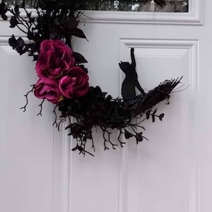18&quot; crescent moon black cat wreath witchy crystal door hanging decor Halloween