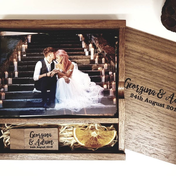 Walnut Wooden USB Flash Drive + Photography 6x4 Presentation Box Logo Engraved Wedding Photo Album Packaging