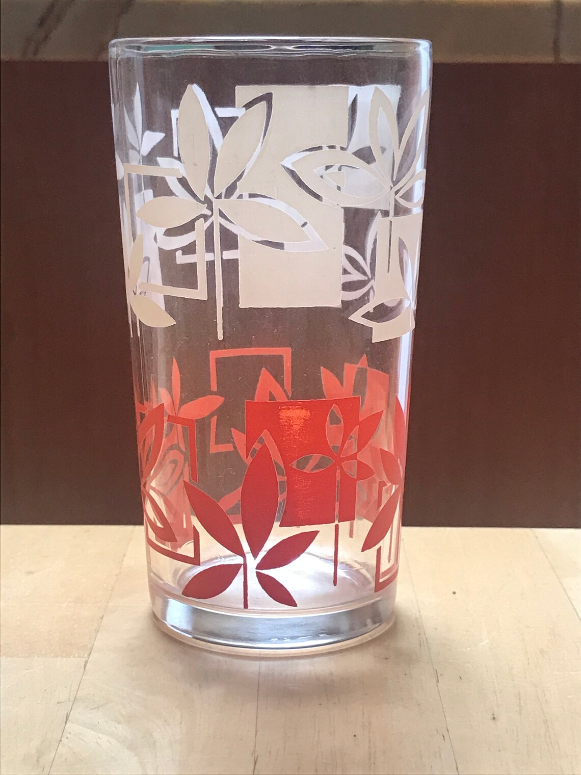 Vintage Drinking Glass With Red & White Geometric/flower Etsy