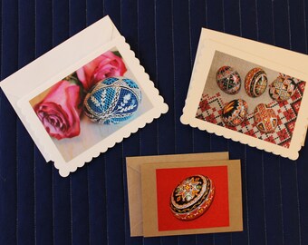 Cover photos depict handmade Ukrainian Easter Eggs Blank inside pysanky Lot # 7-3 pack of lovely greeting cards envelope included.
