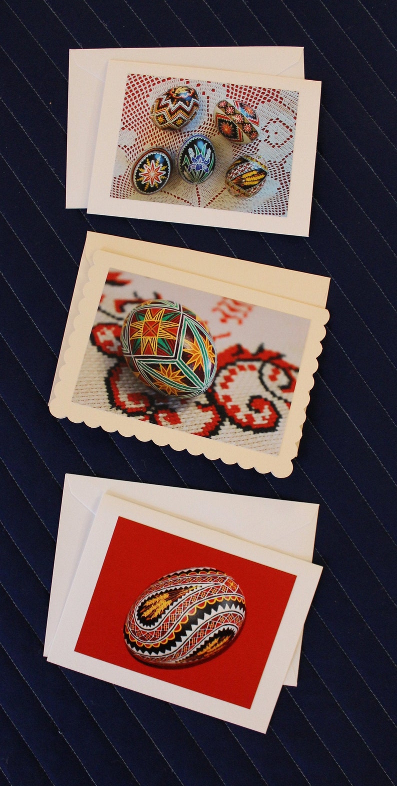 Cover photos depict handmade Ukrainian Easter Eggs Blank inside pysanky Lot # 7-3 pack of lovely greeting cards envelope included.