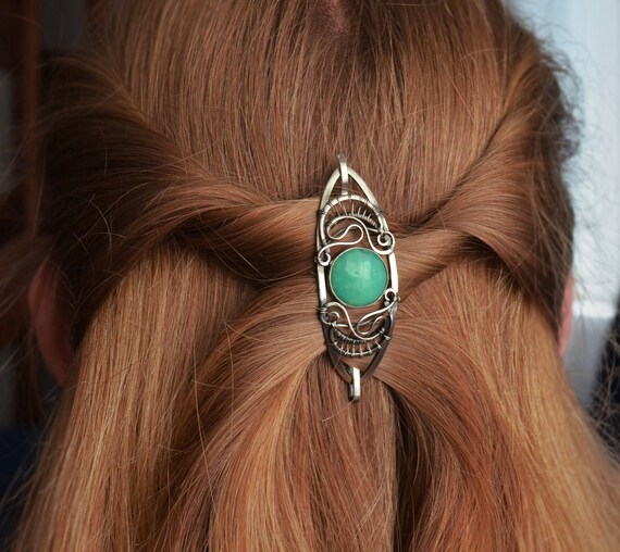 Fantasy silver hair slide with stick chrysoprase hair clip Etsy