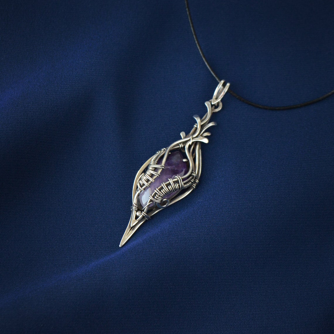 Elven necklace with amethyst in sterling silver heady wire Etsy