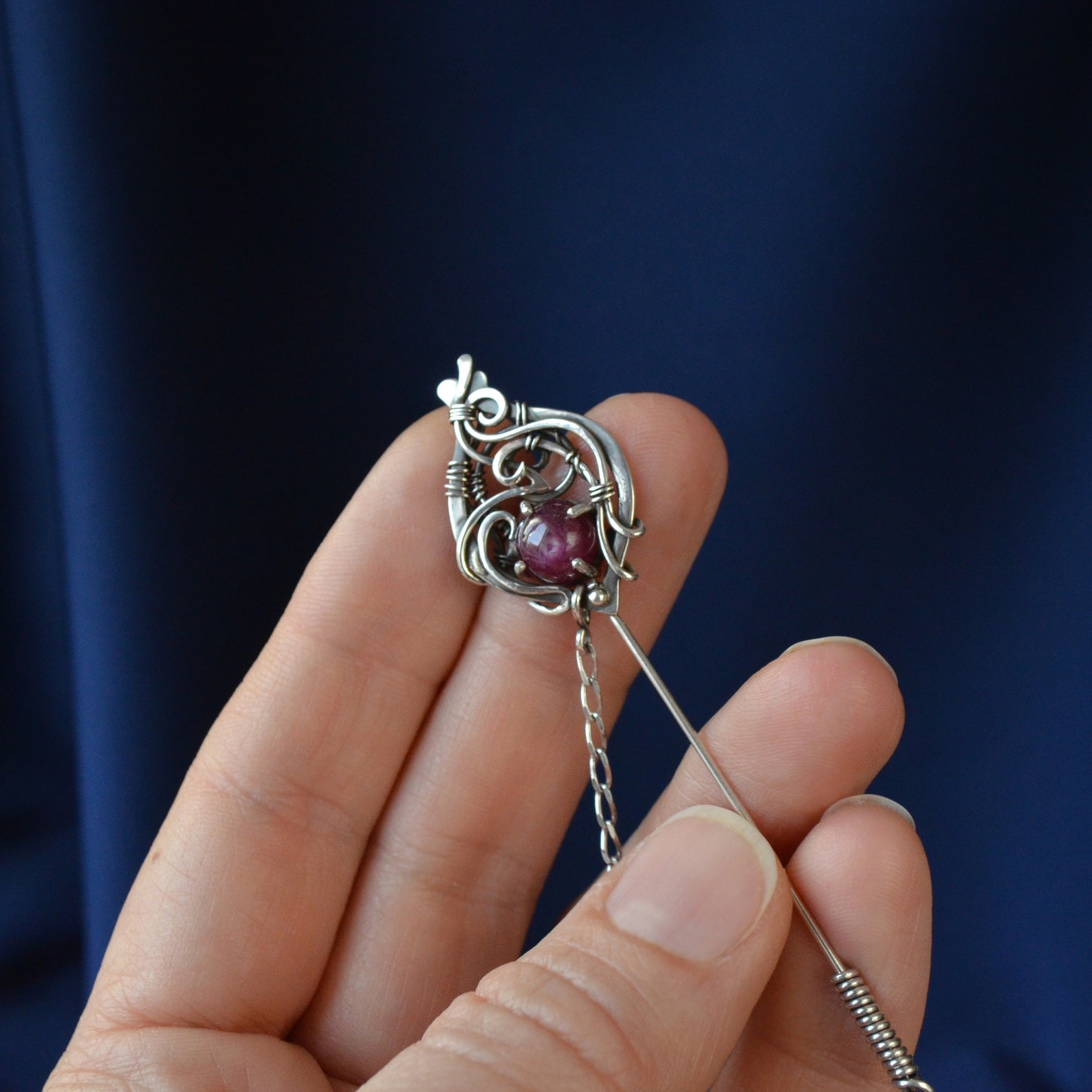 Star ruby lapel pin with chain in sterling silver lapel stick Etsy