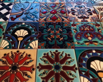 The 6x6 Tile SAMPLER MIX 10 Pieces of Gorgeous Mixed Patterns and Colors Wax Resist Raised Glaze Finish