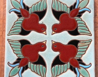 Beautiful Hand-Painted Painted Sparrow Craftsman Tile 6x6 Pool Safe Wax Resist Raised Glaze Finish