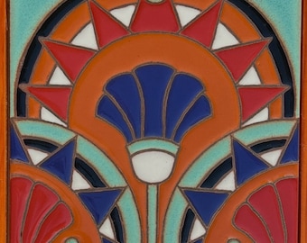 Art Deco Egyptian Lotus Hand-Painted Decorative 6x6 Tile Pool Safe Wax Resist Raised Glaze Finish