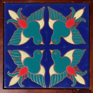 Beautiful Hand-Painted Decorative Craftsman Tile. “Birds" 6x6 Pool Safe Wax Resist Raised Glaze Finish