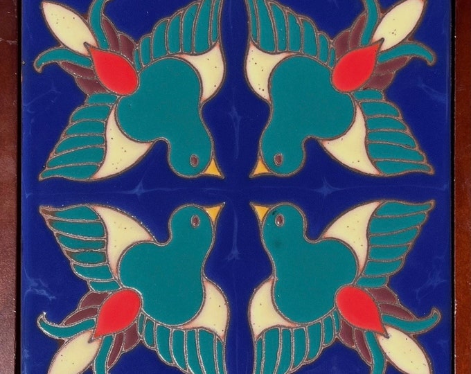 Beautiful Hand-Painted Decorative Craftsman Tile. “Birds" 6x6 Pool Safe Wax Resist Raised Glaze Finish