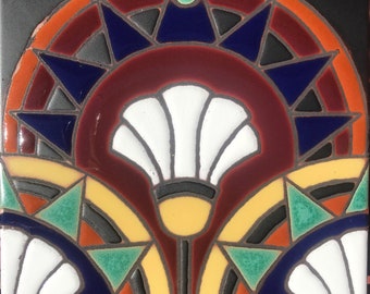 Art Deco Egyptian Lotus Hand-Painted Tile. 6x6 Indoor or Outdoor Installation. Wax Resist Raised Glaze Finish