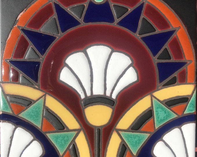 Art Deco Egyptian Lotus Hand-Painted Tile. 6x6 Indoor or Outdoor Installation. Wax Resist Raised Glaze Finish