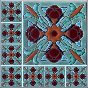 May include: A vintage tile with a repeating pattern of stylized flowers in shades of green, blue, red, and orange. The tile is made of ceramic and has a glossy finish.