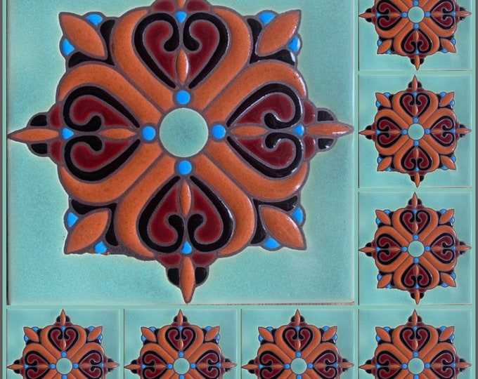Beautiful Classic Decorative Craftsmen Tile ~ Hand-painted ~ 6x6 ~ Pool Waterline Safe Wax Resist Raised Glaze Finish