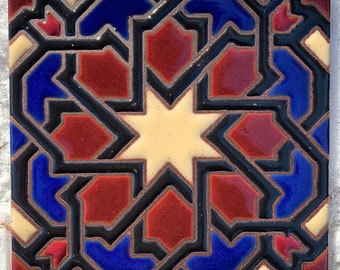 Hand Painted Rustic Craftsman Tile. Classic Design. 6x6 Pool Safe Wax Resist Raised Glaze Finish