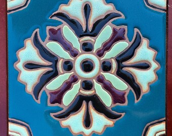 Egyptian Revival Medallion, Art Deco. Decorative Hand-painted Tile~ Pool Waterline Safe  ~ 6x6 Wax Resist Raised Glaze Fini