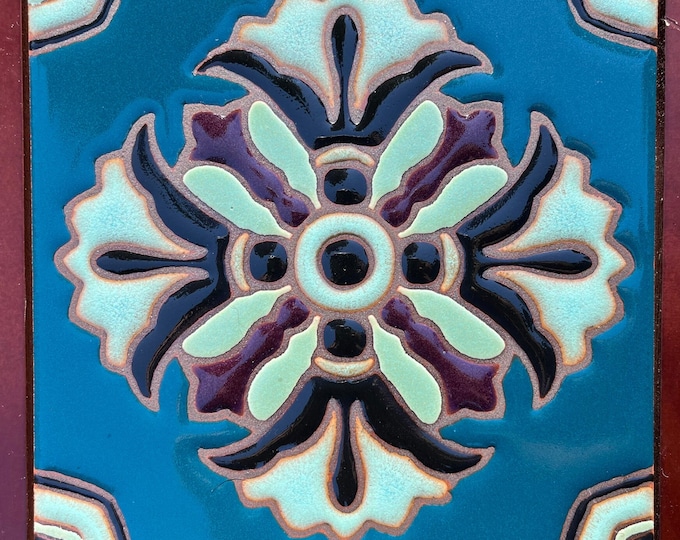 Egyptian Revival Medallion, Art Deco. Decorative Hand-painted Tile~ Pool Waterline Safe  ~ 6x6 Wax Resist Raised Glaze Fini