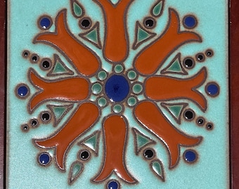 Beautiful Decorative Tiles ~ Hand-Painted ~ Pool Safe. 6x6  “Mandala” Wax Resist Raised Glaze Finish