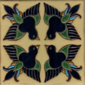 Beautiful Hand-Painted Decorative Craftsman Tile. “Birds&quot; 6x6 Pool Safe Wax Resist Raised Glaze Finish