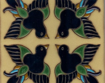 Beautiful Hand-Painted Decorative Craftsman Tile. “Birds" 6x6 Pool Safe Wax Resist Raised Glaze Finish
