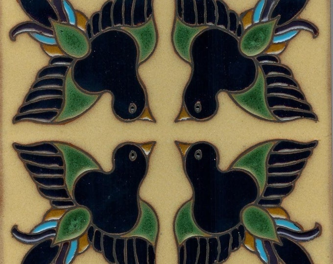 Beautiful Hand-Painted Decorative Craftsman Tile. “Birds" 6x6 Pool Safe Wax Resist Raised Glaze Finish