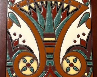 Hand-Painted Egyptian Revival Art Deco Craftsman 6x6 Tiles Wax Resist Raised Glaze Finish