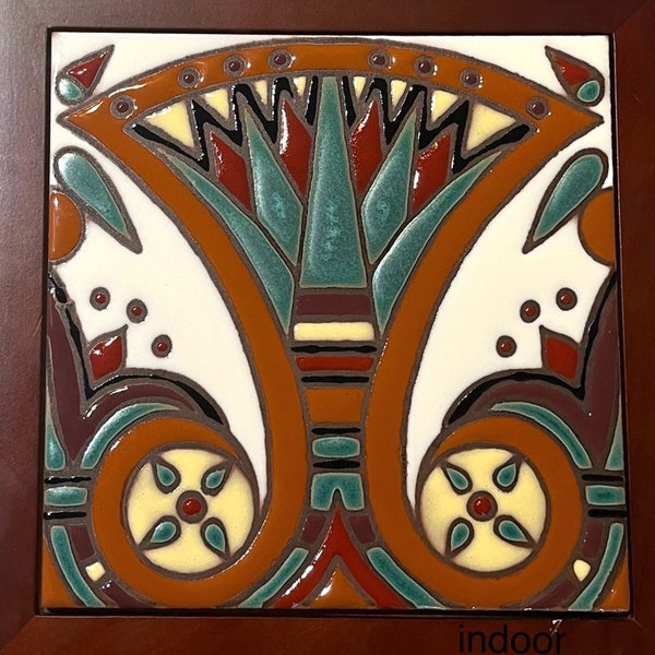 Hand-Painted Egyptian Revival Art Deco Craftsman 6x6 Tiles Wax Resist Raised Glaze Finish