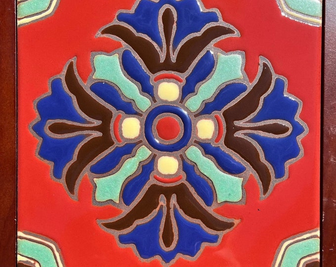 Art Deco Egyptian Revival Hand-Painted 6x6 Tile. Pool Safe Wax Resist Raised Glaze Finish