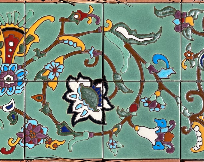 12"x 24" Hand Painted Repeating Pattern Tile Mural ~ Each Mural Consists of Eight 6x6 Tiles Wax Resist Raised Glaze Finish