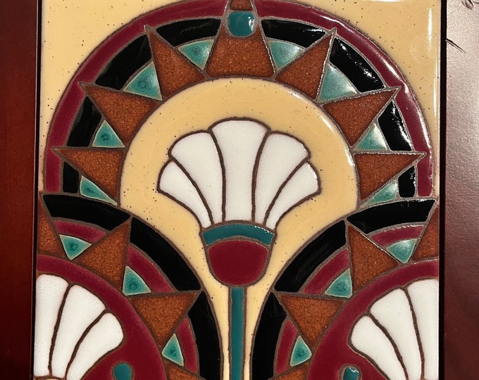 Art Deco Egyptian Lotus Hand-Painted Craftsman 6x6 Tile Pool safe, frost resistant. Wax Resist Raised Glaze Finish