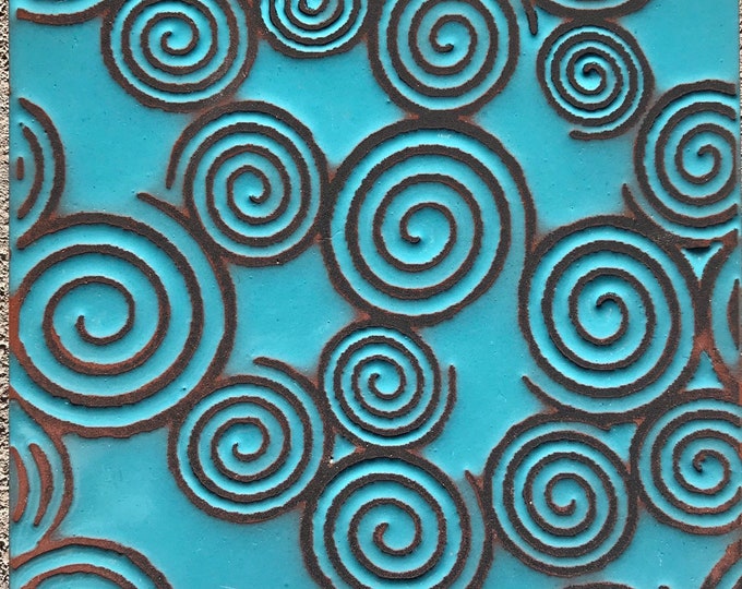 Hand Painted 6x6 Craftsman Tile ~ Sacred Spirals ~ Primitive Design Pool Safe Wax Resist Raised Glaze Finish