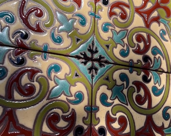 Emily. Set of 4 6x6 hand crafted tile. Art Deco, Revival Hand-Painted Repeating Pattern Suitable For Indoor or Outdoor Installation.