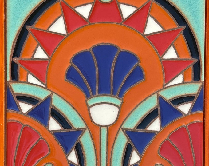 Art Deco Egyptian Lotus Hand-Painted Decorative 6x6 Tile Pool Safe Wax Resist Raised Glaze Finish